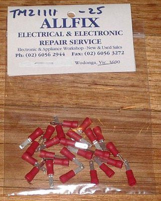 Red Insulated Male 2.8mm 22-18AWG Spade Terminals (Pkt 25) - Part # TM21111-25