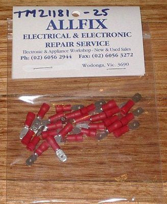 Red Insulated Male 4.7mm Spade Terminals (Pkt 25) - Part # TM21181-25