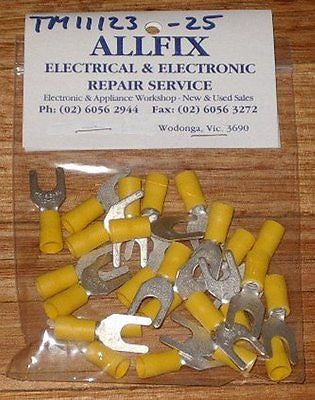 Yellow Insulated 6.4mm Fork Crimp Terminals (Pkt 25) - Part # TM11123-25