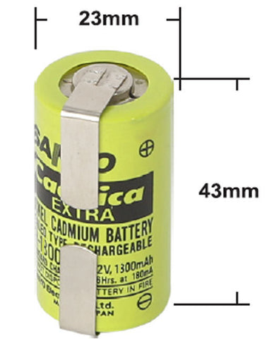 Nickel Cadmium Sub-C 1300mAh Rechargable Tagged Battery - Part # CAD181