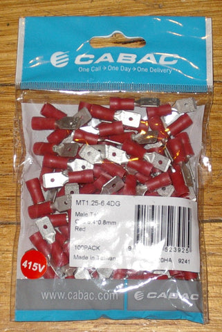 Red Insulated Male 6.4mm Spade Terminals (Pkt 100) - Part # MT1.25-6.4DG