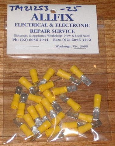 Yellow Insulated Male 6.4mm Spade Terminals (Pkt 25) - Part # TM21253-25